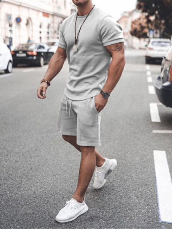New Men's Casual Solid Color Short Sleeve Shorts Two-Piece Set Shello Creative Boutique