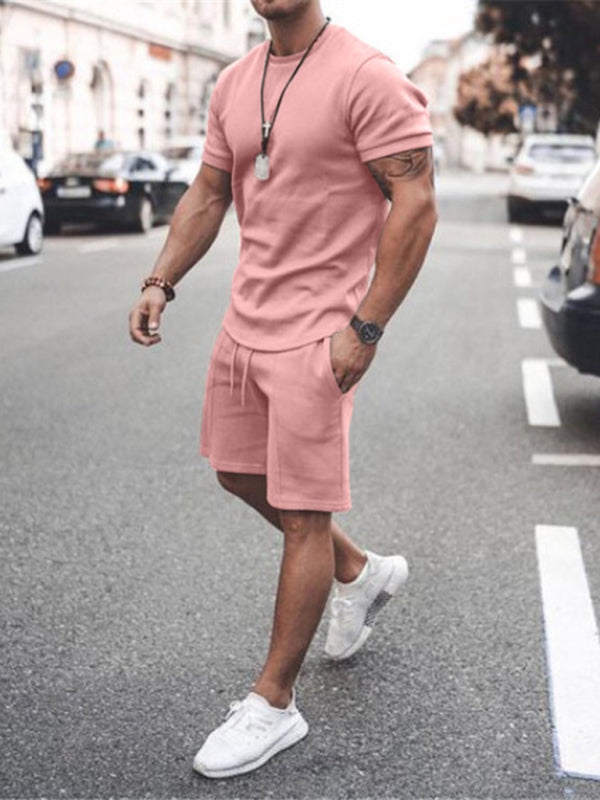 New Men's Casual Solid Color Short Sleeve Shorts Two-Piece Set Shello Creative Boutique