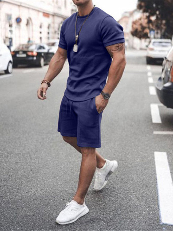 New Men's Casual Solid Color Short Sleeve Shorts Two-Piece Set Shello Creative Boutique