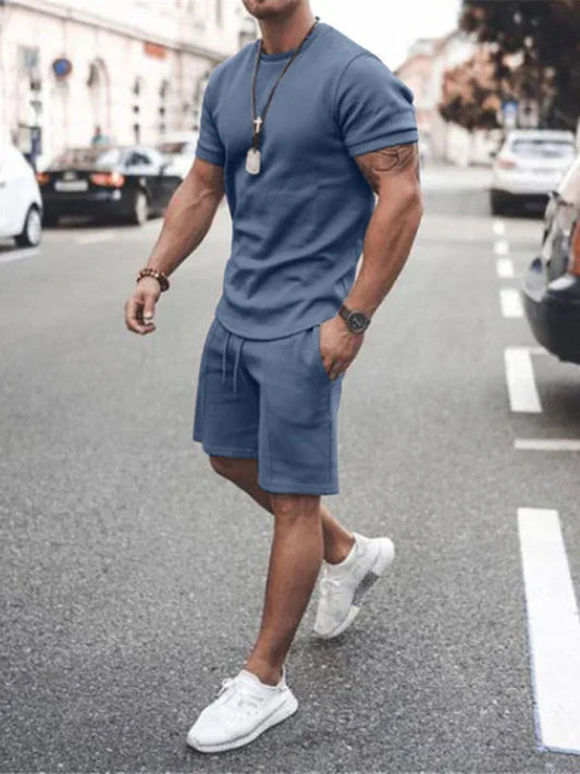 New Men's Casual Solid Color Short Sleeve Shorts Two-Piece Set - Shello's Creative Boutique