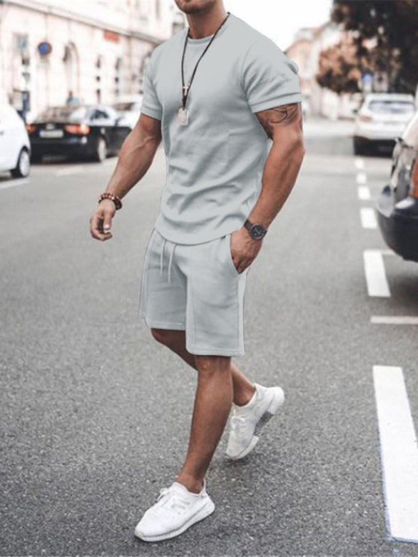 New Men's Casual Solid Color Short Sleeve Shorts Two-Piece Set Shello Creative Boutique