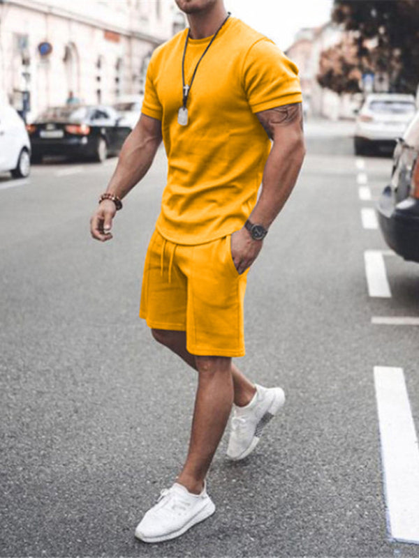 New Men's Casual Solid Color Short Sleeve Shorts Two-Piece Set Shello Creative Boutique
