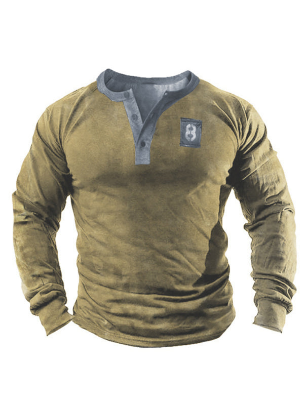 Open placket 3d printed henley suit long-sleeved top men Shello's Creative Boutique