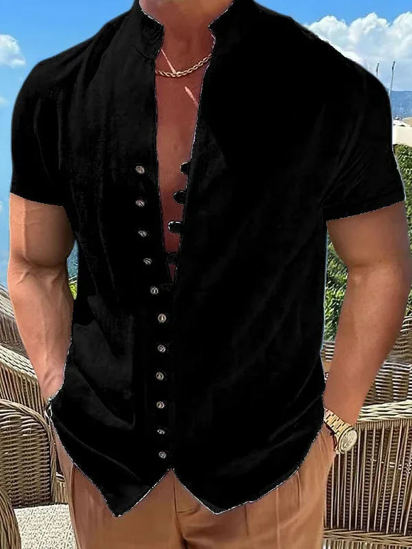 New Vintage Button Stand Collar Short Sleeve Shirt - Shello's Creative Boutique