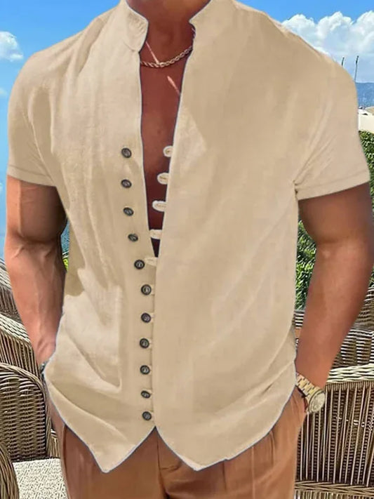 New Vintage Button Stand Collar Short Sleeve Shirt - Shello's Creative Boutique