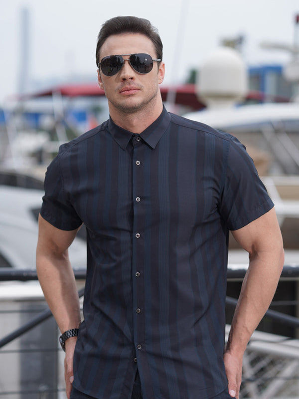 New plus size men's striped short-sleeved shirt Shello Creative Boutique