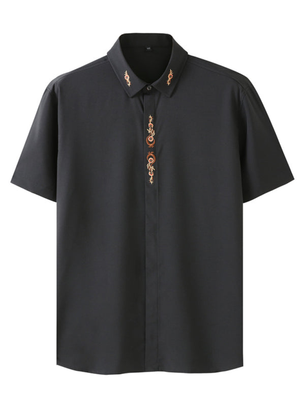 New large size men's elastic loose casual solid color embroidery thin shirt Shello Creative Boutique