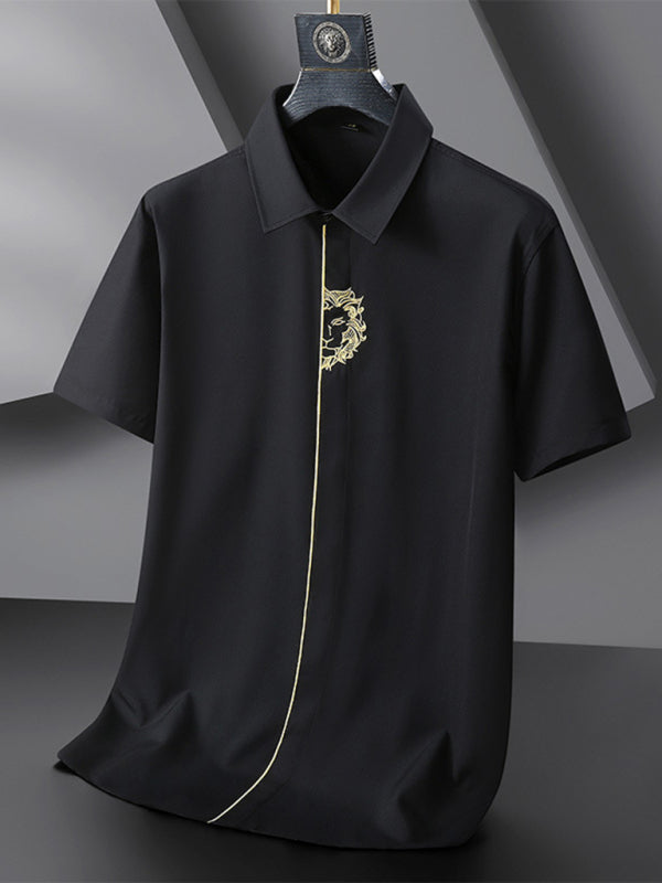 New large size men's elastic loose casual solid color embroidery thin shirt Shello Creative Boutique