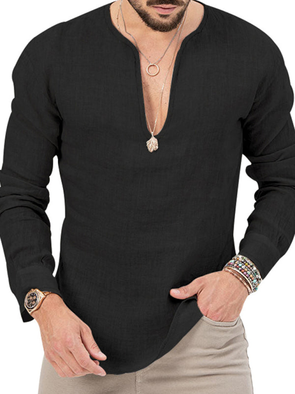 New Men's Henry Long Sleeve T-Shirt Slim Fit Solid Color Large Size Deep V Neck Shirt Shello's Creative Boutique