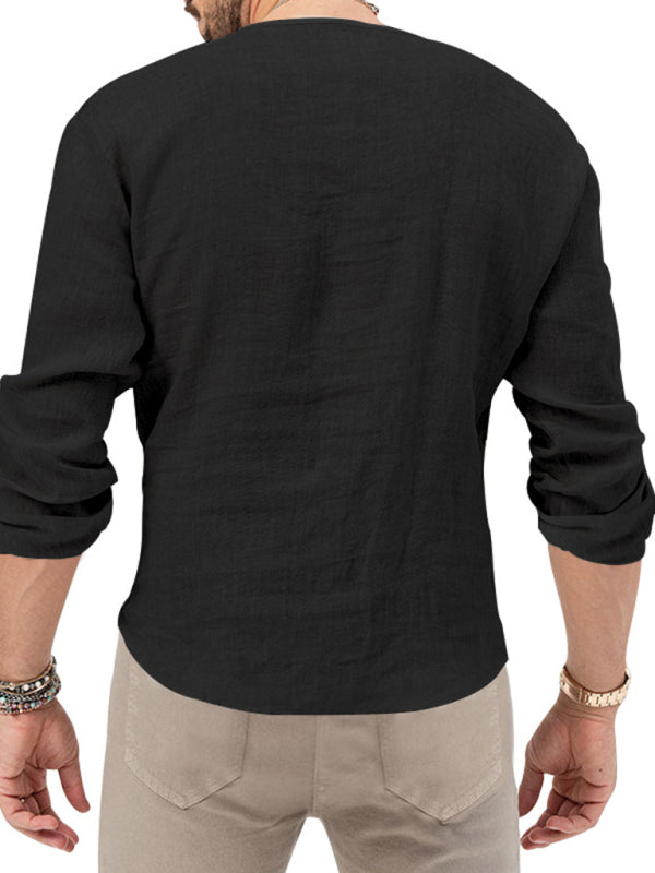 New Men's Henry Long Sleeve T-Shirt Slim Fit Solid Color Large Size Deep V Neck Shirt Shello's Creative Boutique