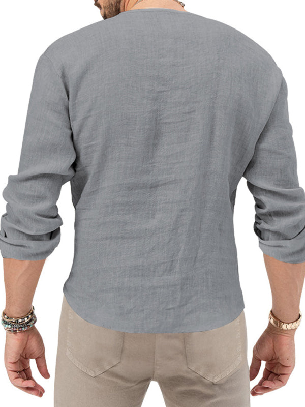 New Men's Henry Long Sleeve T-Shirt Slim Fit Solid Color Large Size Deep V Neck Shirt Shello's Creative Boutique