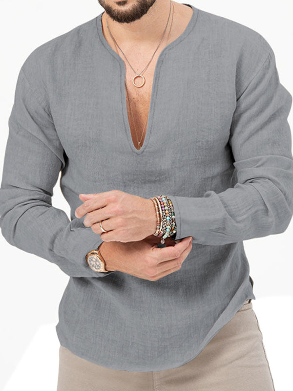 New Men's Henry Long Sleeve T-Shirt Slim Fit Solid Color Large Size Deep V Neck Shirt Shello's Creative Boutique