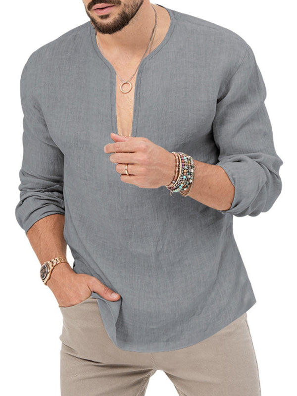 New Men's Henry Long Sleeve T-Shirt Slim Fit Solid Color Large Size Deep V Neck Shirt Shello's Creative Boutique