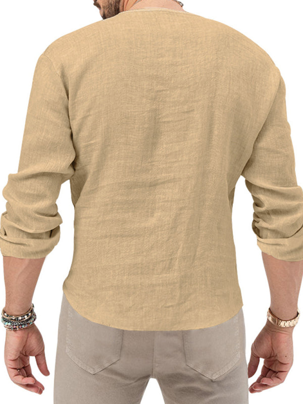 New Men's Henry Long Sleeve T-Shirt Slim Fit Solid Color Large Size Deep V Neck Shirt Shello's Creative Boutique
