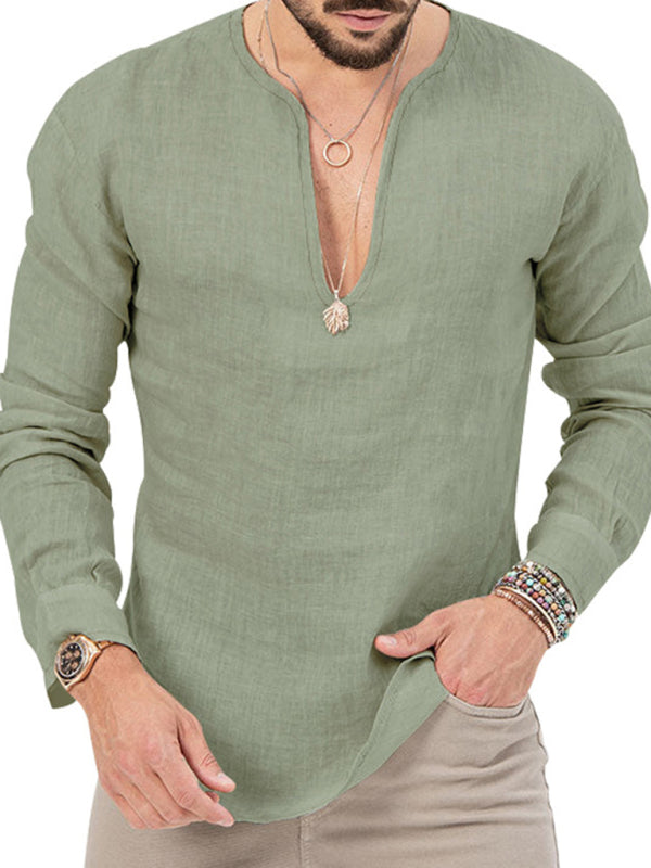 New Men's Henry Long Sleeve T-Shirt Slim Fit Solid Color Large Size Deep V Neck Shirt Shello's Creative Boutique