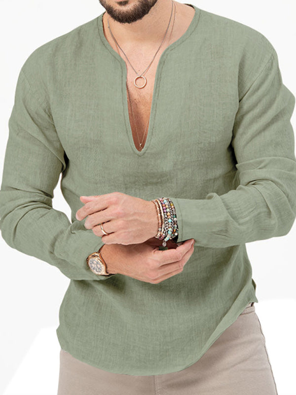 New Men's Henry Long Sleeve T-Shirt Slim Fit Solid Color Large Size Deep V Neck Shirt Shello's Creative Boutique