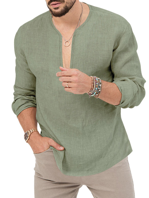 New Men's Henry Long Sleeve T-Shirt Slim Fit Solid Color Large Size Deep V Neck Shirt Shello's Creative Boutique