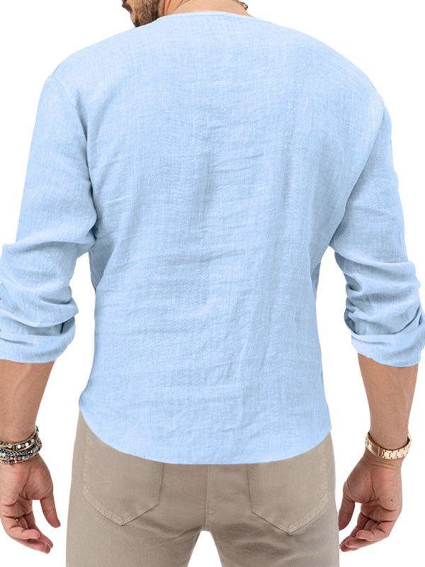 New Men's Henry Long Sleeve T-Shirt Slim Fit Solid Color Large Size Deep V Neck Shirt Shello's Creative Boutique