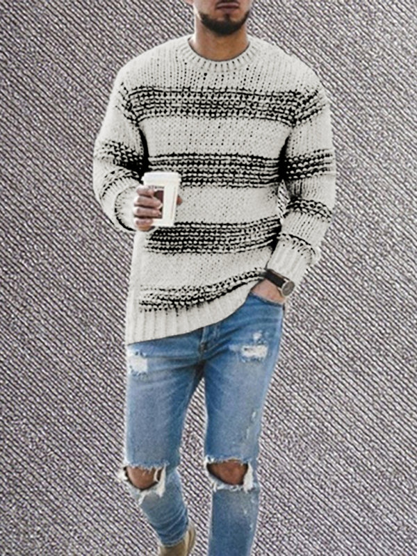 Men's fitted striped round neck long sleeve knitted sweater Shello's Creative Boutique