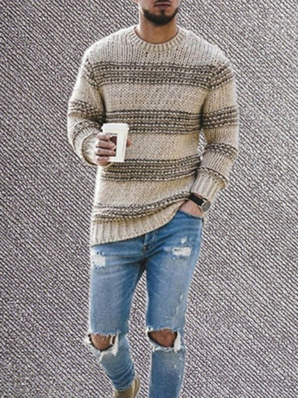 Men's fitted striped round neck long sleeve knitted sweater Shello's Creative Boutique