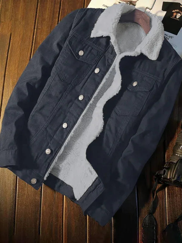 Men's Warm Sherpa Button Lapel Denim Jacket - Shello's Creative Boutique