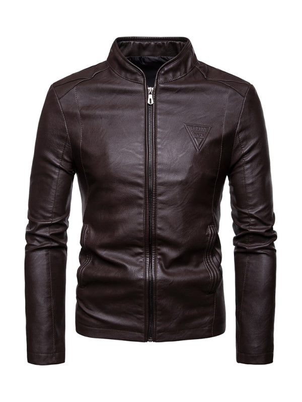Men's motorcycle zipper stand collar leather jacket Shello's Creative Boutique