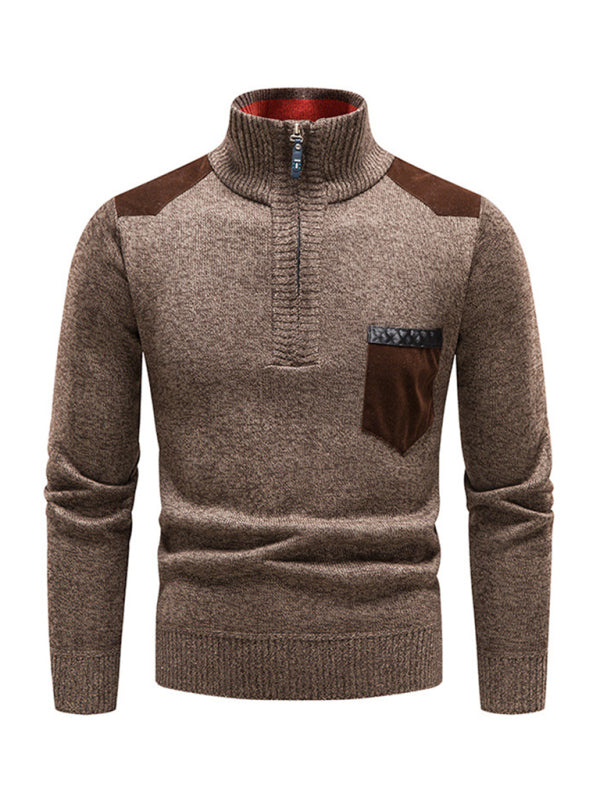 Men's stand-up collar thickened patchwork half-zip lapel sweater pullover sweater Shello's Creative Boutique