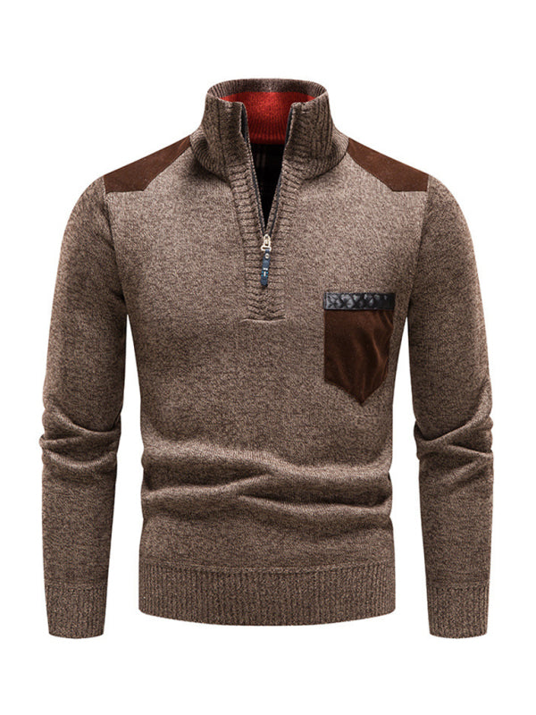 Men's stand-up collar thickened patchwork half-zip lapel sweater pullover sweater Shello's Creative Boutique