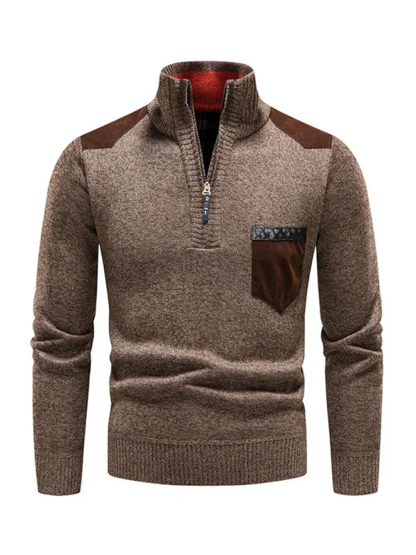 Cozy Elegance - Men's Thickened Patchwork Half-Zip Lapel Sweater - Shello's Creative Boutique