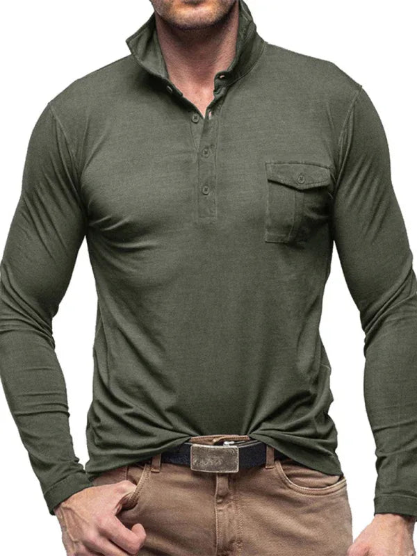 Sophisticated Comfort - Men's Lapel Solid Colour Long Sleeve Polo Shirt - Shello's Creative Boutique