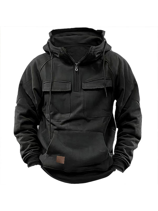 Men's hooded solid color sports multi-pocket leather sweatshirt jacket Shello's Creative Boutique
