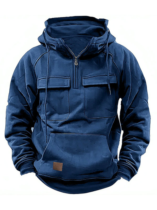 Men's hooded solid color sports multi-pocket leather sweatshirt jacket Shello's Creative Boutique