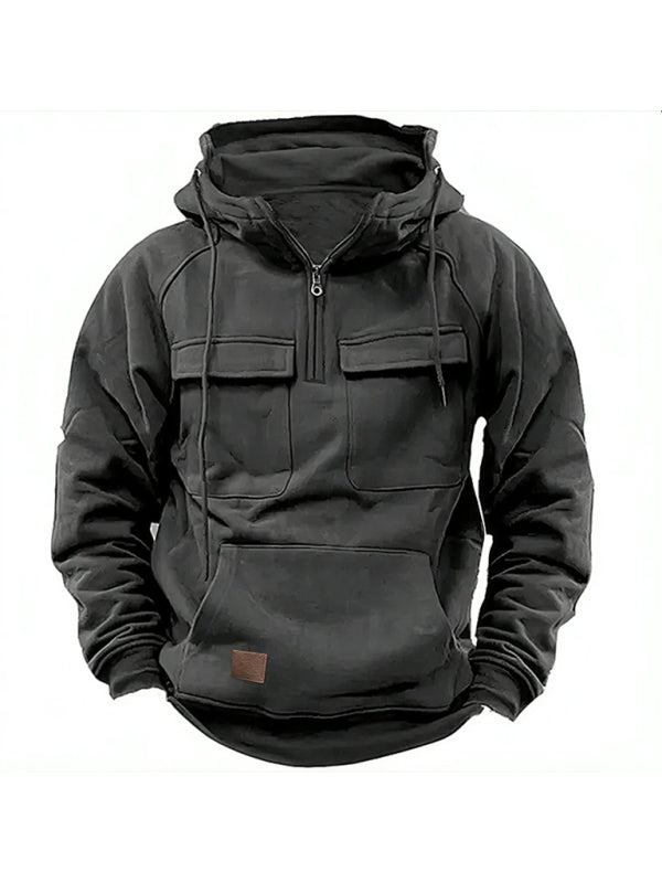 Men's hooded solid color sports multi-pocket leather sweatshirt jacket Shello's Creative Boutique
