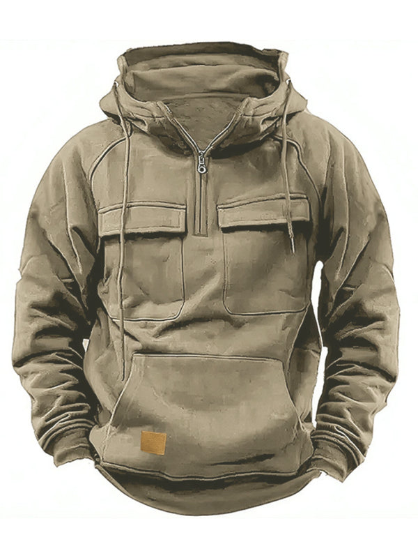 Men's hooded solid color sports multi-pocket leather sweatshirt jacket Shello's Creative Boutique