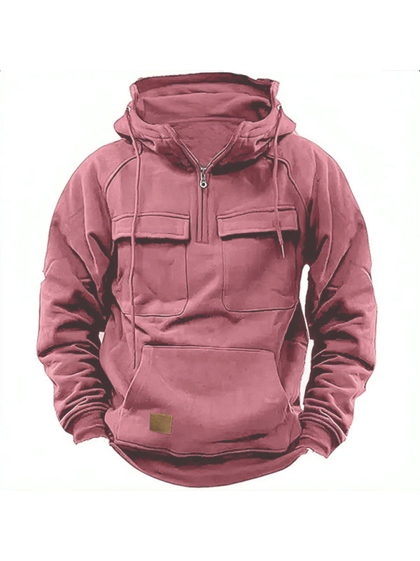 Men's hooded solid color sports multi-pocket leather sweatshirt jacket Shello's Creative Boutique