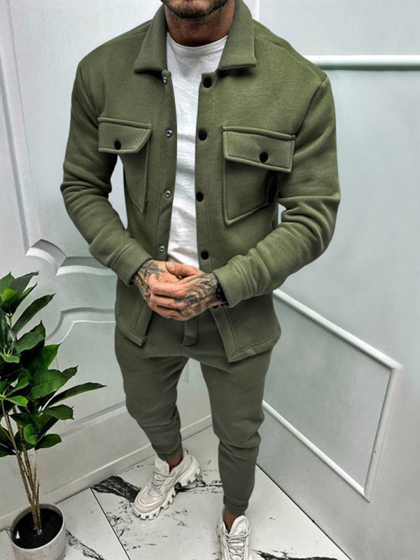 Men's new long-sleeved trousers single-breasted jacket solid color slim two-piece set Shello's Creative Boutique