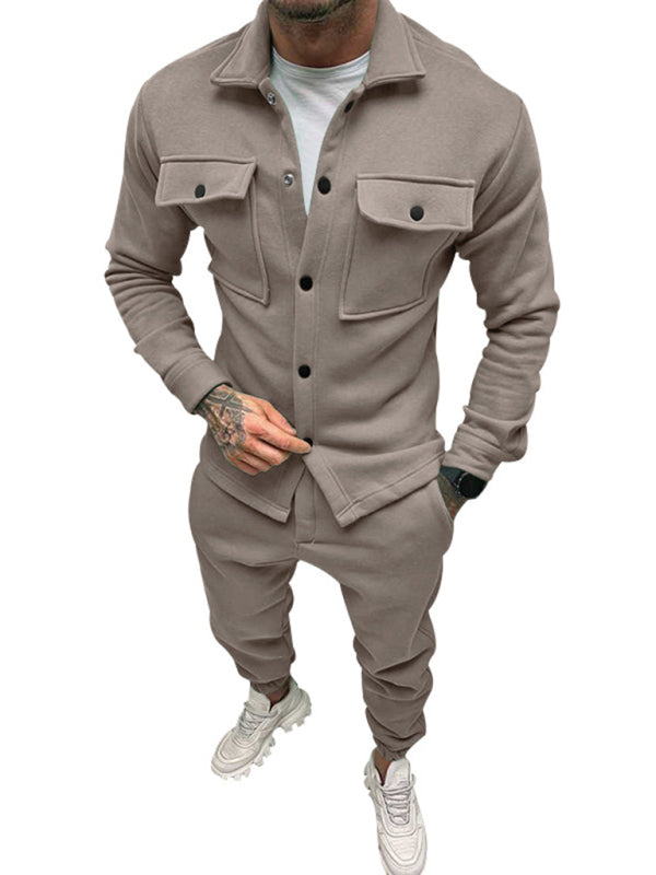 Men's new long-sleeved trousers single-breasted jacket solid color slim two-piece set Shello's Creative Boutique