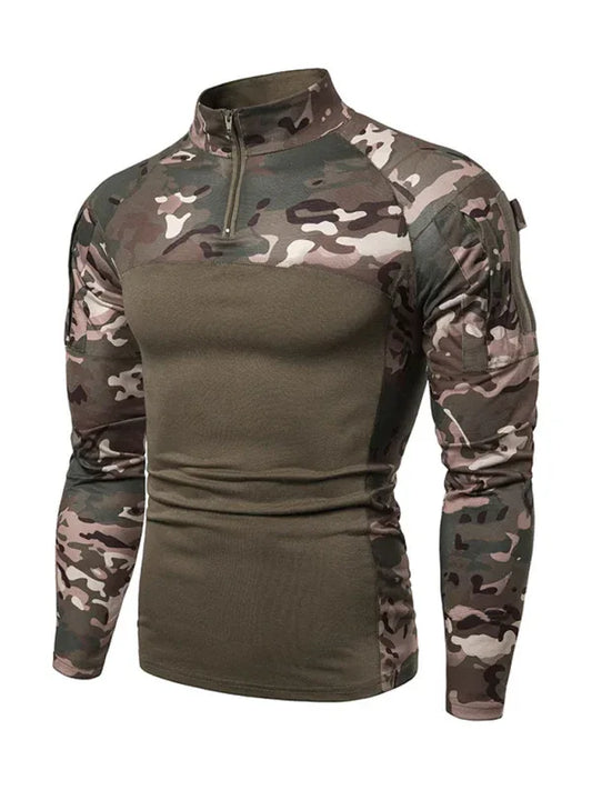 Men's Military Field Outdoor Elastic Fitness Camouflage Long Sleeve Zipper Pocket T-Shirt - Shello's Creative Boutique