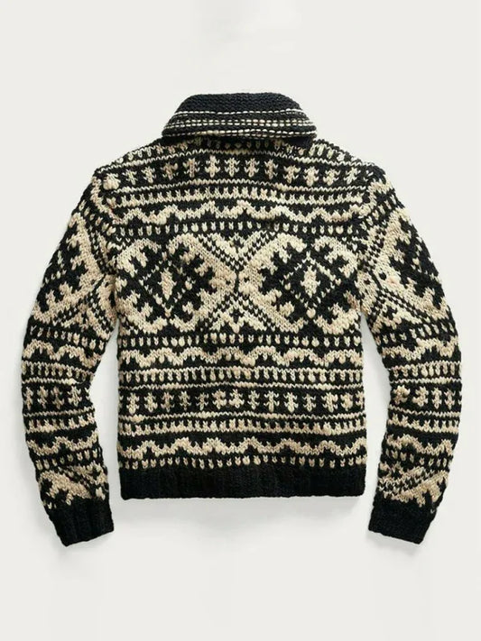 Men's Jacquard Knit Lapel Long Sleeve Jacket Sweater - Shello's Creative Boutique
