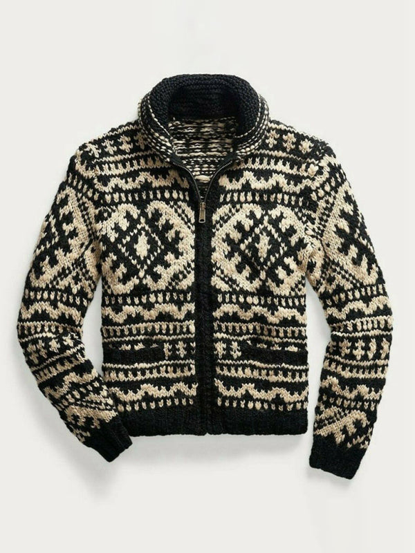 Men's Jacquard Knit Jacket Lapel Long Sleeve Jacket Sweater Shello's Creative Boutique