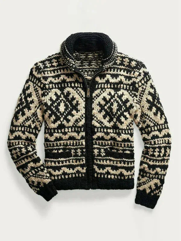 Men's Jacquard Knit Lapel Long Sleeve Jacket Sweater - Shello's Creative Boutique