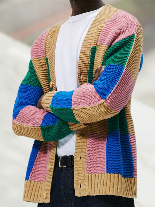Men's Fashionable Contrast Color Cardigan Sweater Autumn and Winter Woolen Jacket Shello's Creative Boutique