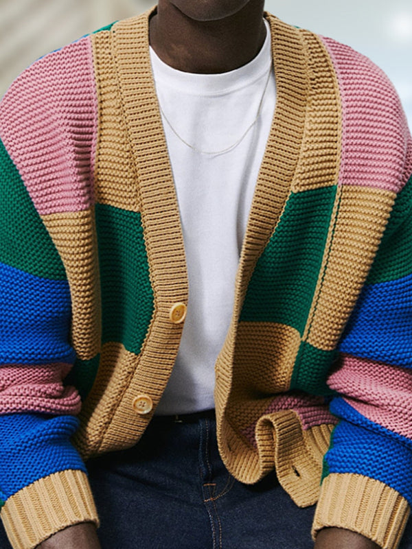 Men's Fashionable Contrast Color Cardigan Sweater Autumn and Winter Woolen Jacket Shello's Creative Boutique