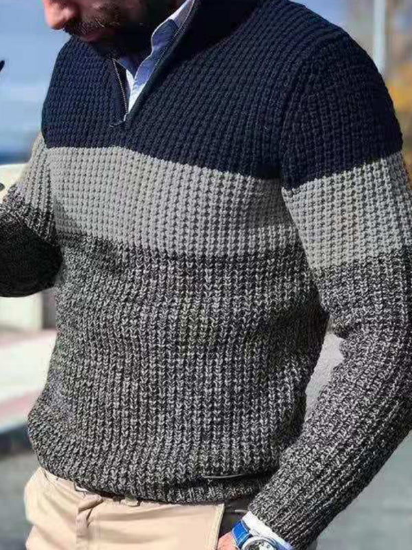 Men's stand-up collar zippered half-platform color-blocked casual V-neck sweater Shello's Creative Boutique