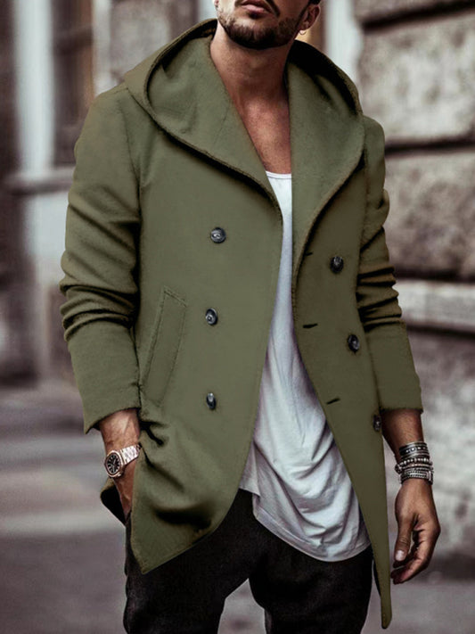Men's mid-length lapel hooded double-breasted casual trench coat Shello's Creative Boutique