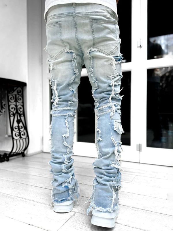 Men's new stretch patch denim straight pants Shello's Creative Boutique