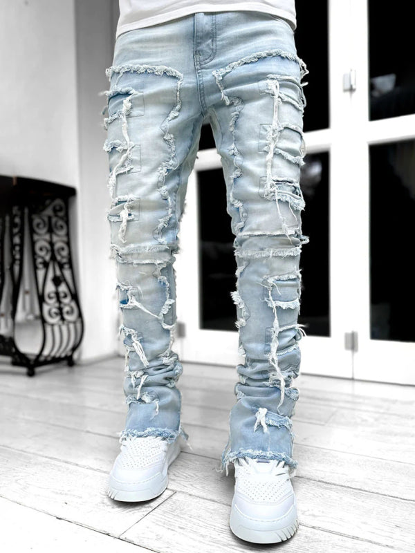 Men's new stretch patch denim straight pants Shello's Creative Boutique