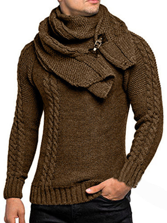 Men's fashionable scarf pullover solid color twist knitted sweater top Shello's Creative Boutique