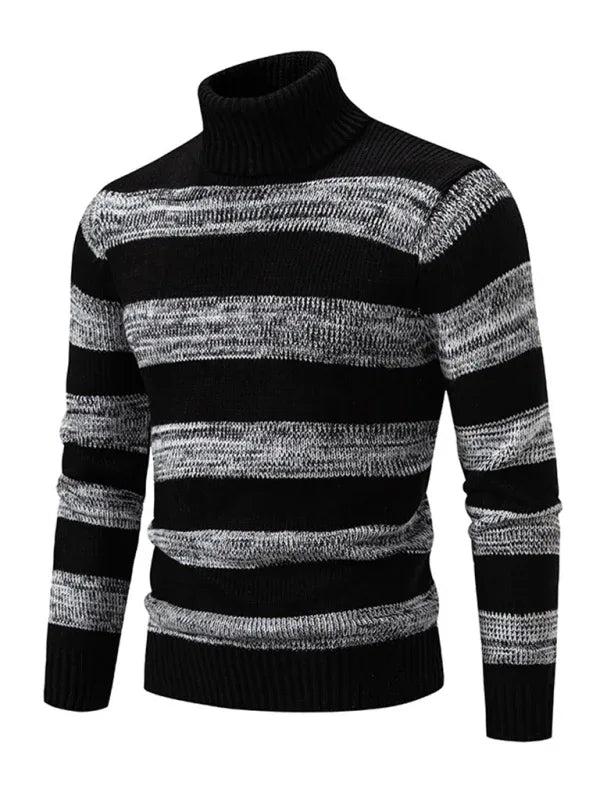 Men's New Striped Patchwork Turtleneck Slim Fit Sweater Base Layer - Shello's Creative Boutique