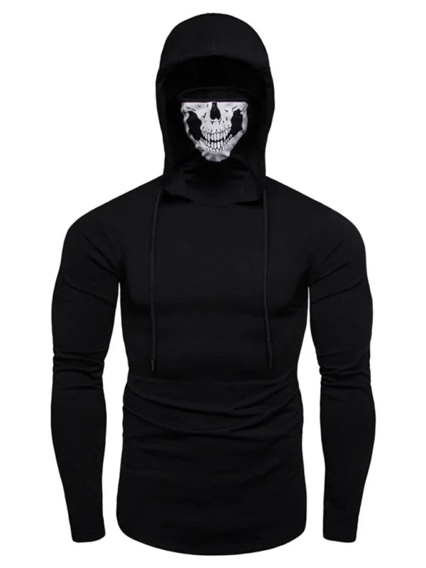Eprolo Men's New Fitness Cycling Elastic Mask Skull Print Hooded Pullover Long-Sleeved T-Shirt - Shello's Creative Boutique